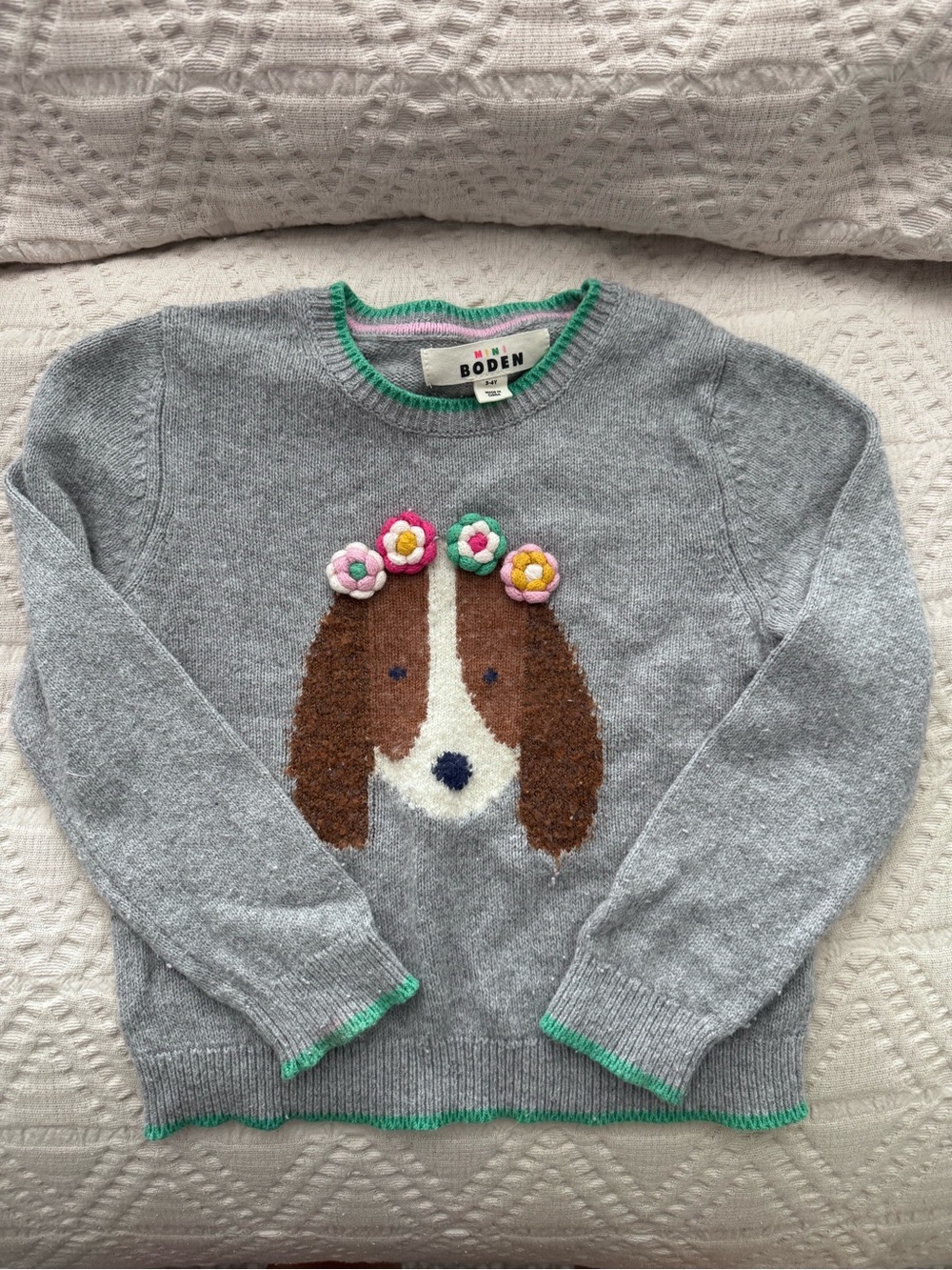 Mini Boden Gray Crewneck Sweater with Dog and Floral Appliqué